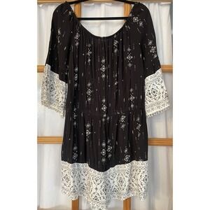 Vtg 90s MUDD Floral Romper XL Black Crinkly Flare Sleeve Round Fringes Boho City